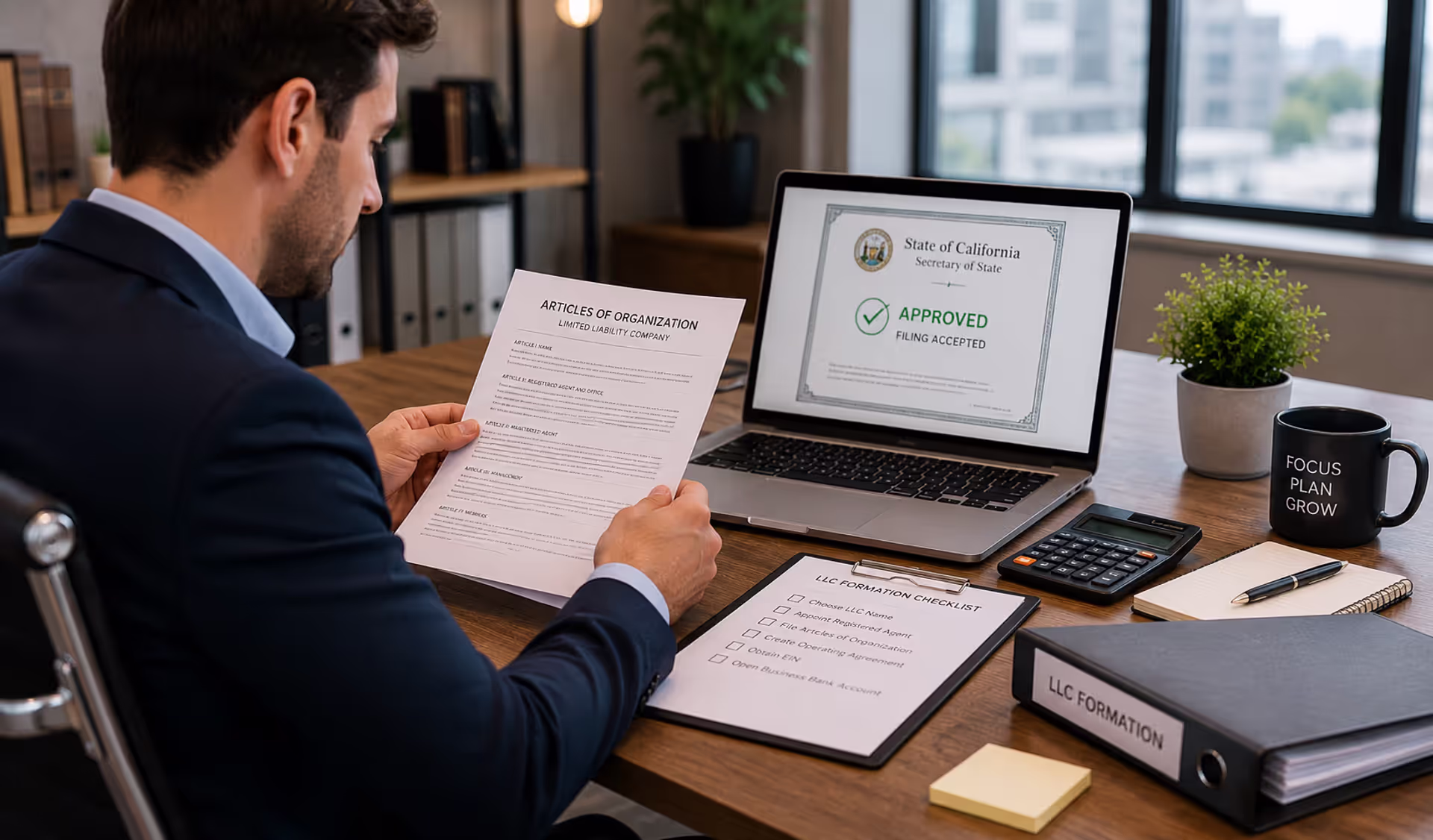 Business owner reviewing approved LLC articles of organization