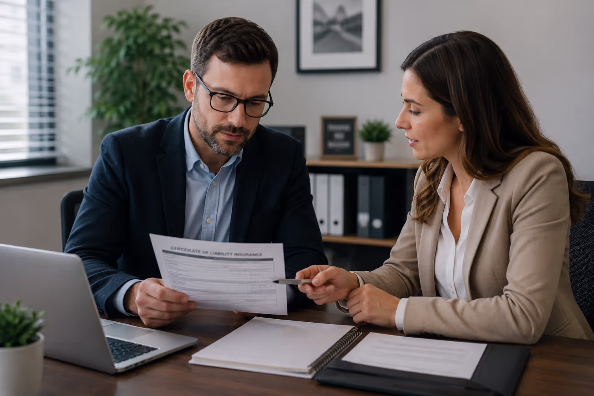 Small business owner reviewing certificate of liability insurance documents with an insurance agent in an office
