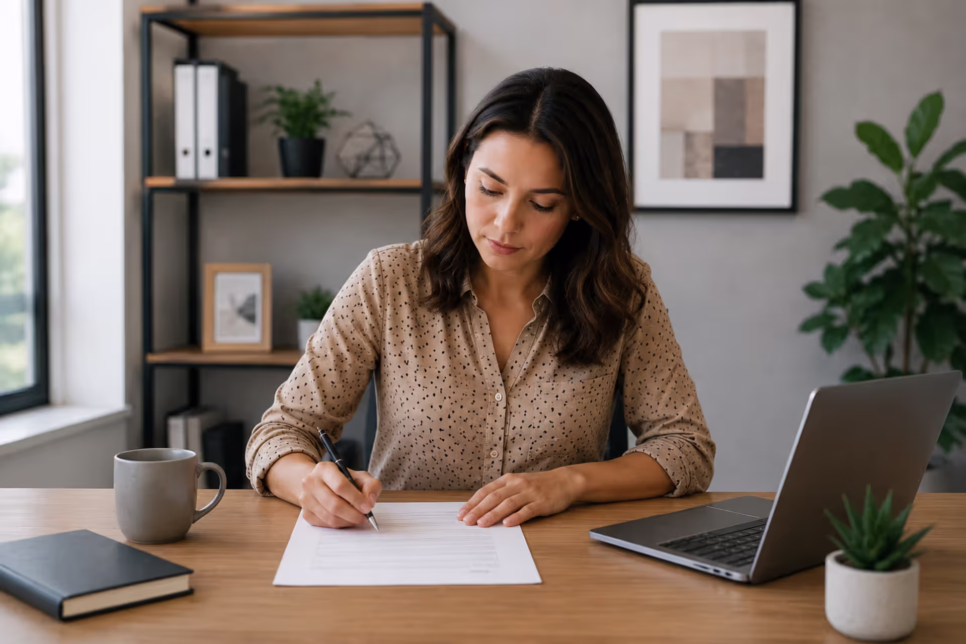 Small business owner completing DBA registration and fictitious business name paperwork in a professional office
