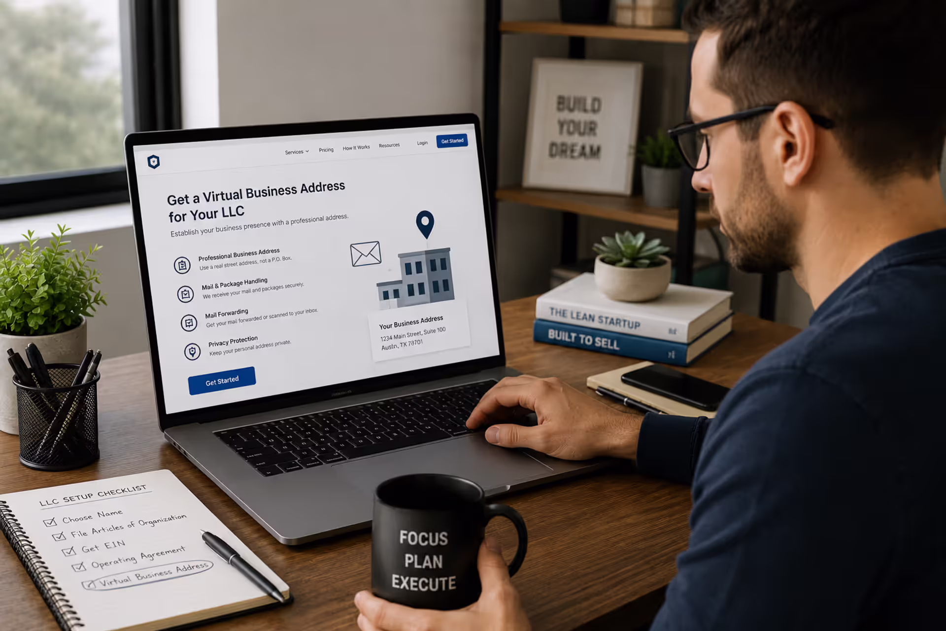 Entrepreneur setting up a virtual business address for an LLC